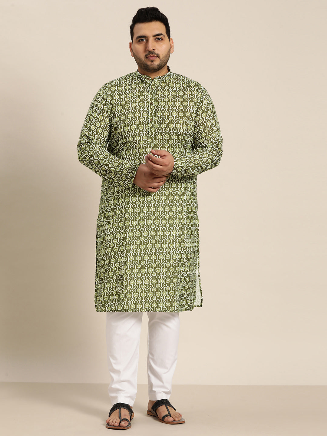 Men's Cotton Mehendi and White Printed Only Long Kurta