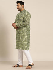 Men's Cotton Mehendi and White Printed Only Long Kurta