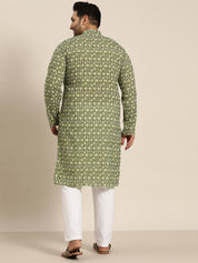 Men's Cotton Mehendi and White Printed Only Long Kurta