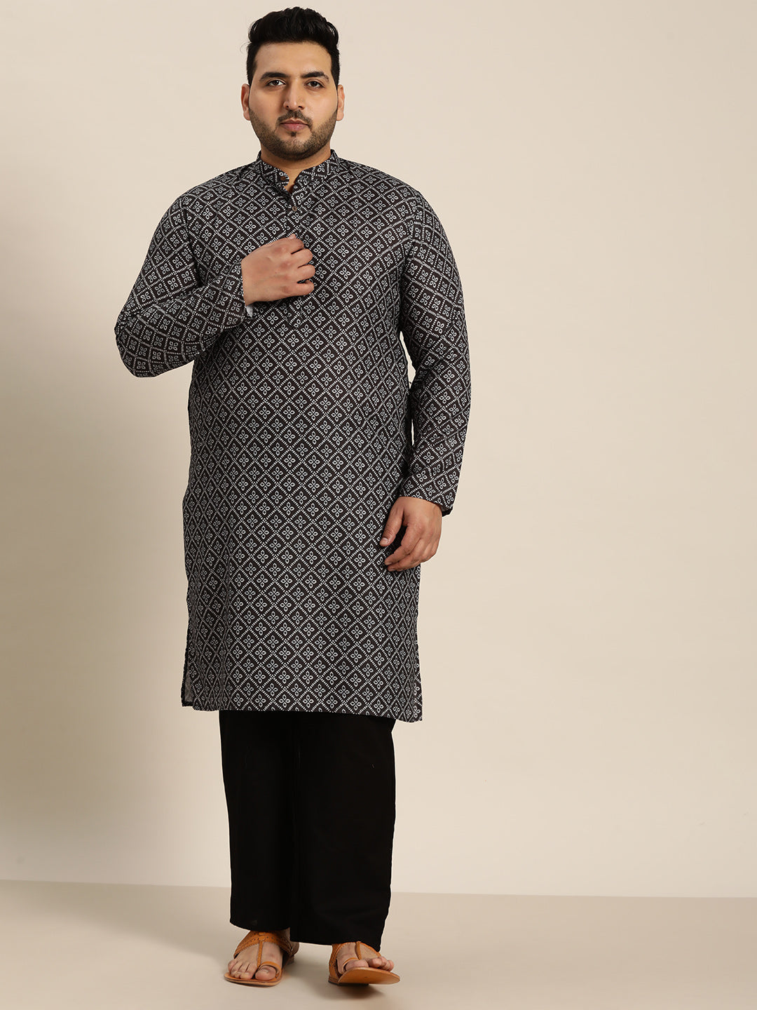 Men's Cotton Black and Grey Printed Only Long Kurta