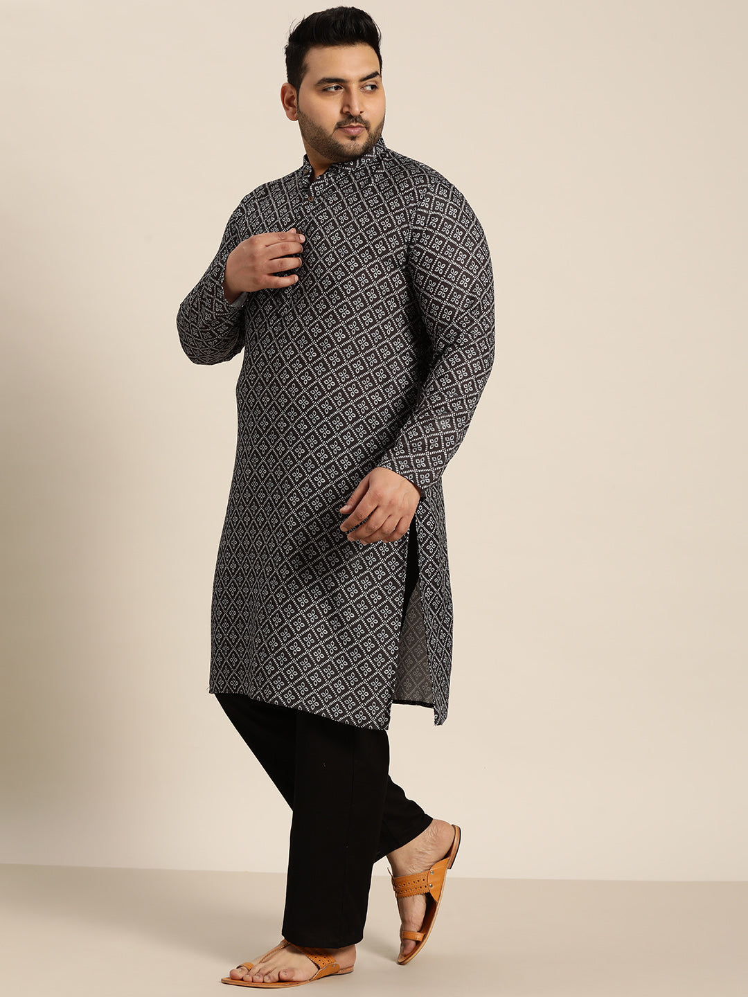 Men's Cotton Black and Grey Printed Only Long Kurta