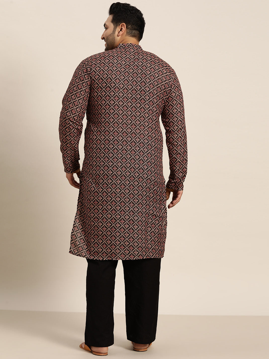 Men's Cotton Black and Peach Printed Only Long Kurta