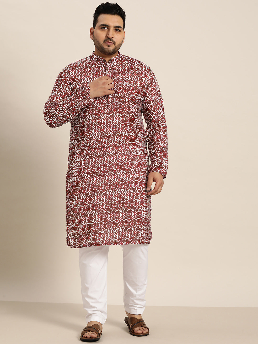 Men's Cotton Brown and Pink Printed Only Long Kurta