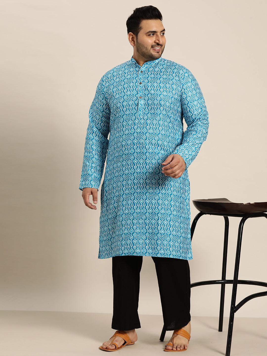 Men's Cotton Turquoise Blue and White Printed Only Long Kurta