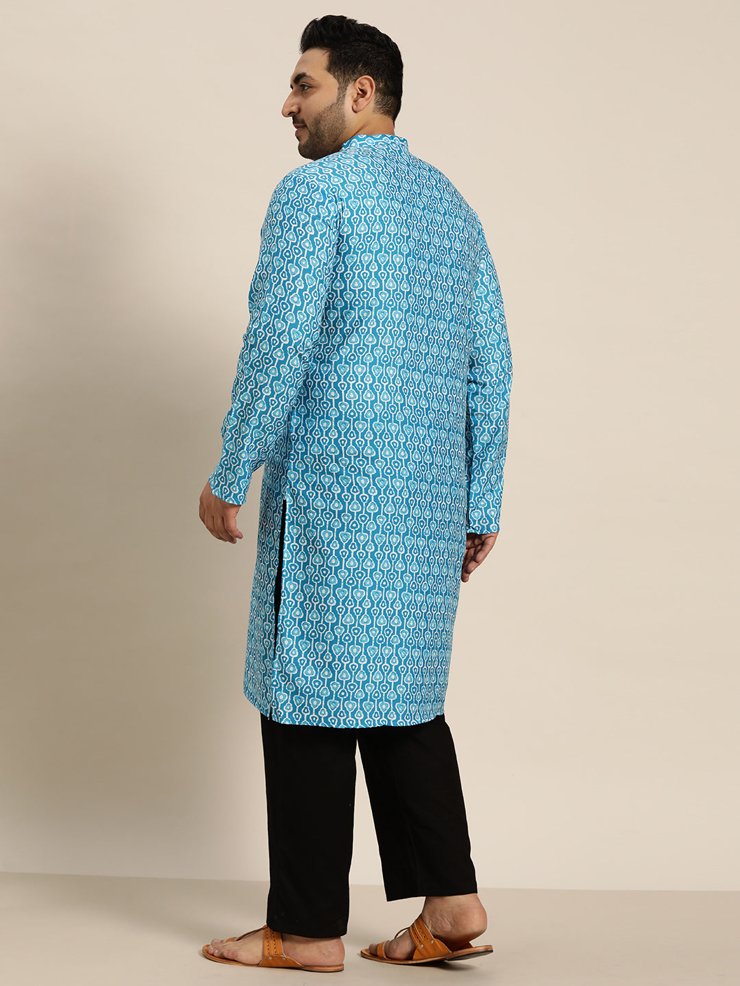 Men's Cotton Turquoise Blue and White Printed Only Long Kurta