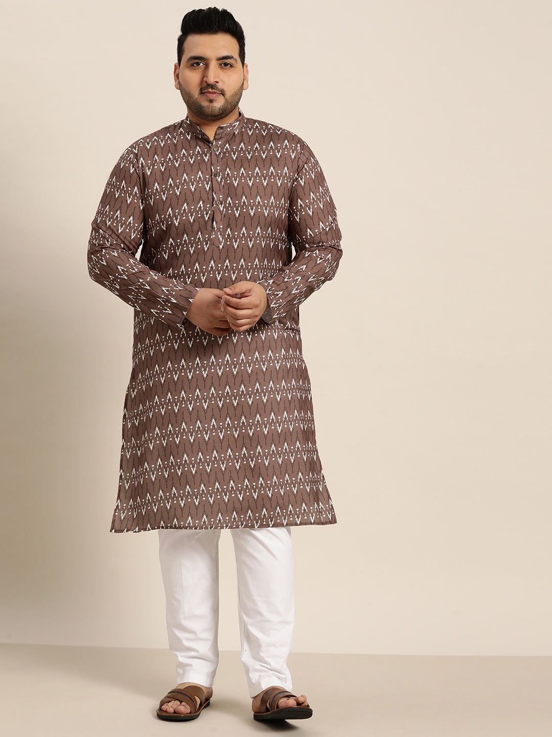 Men's Cotton Brown and Cream Printed Only Long Kurta