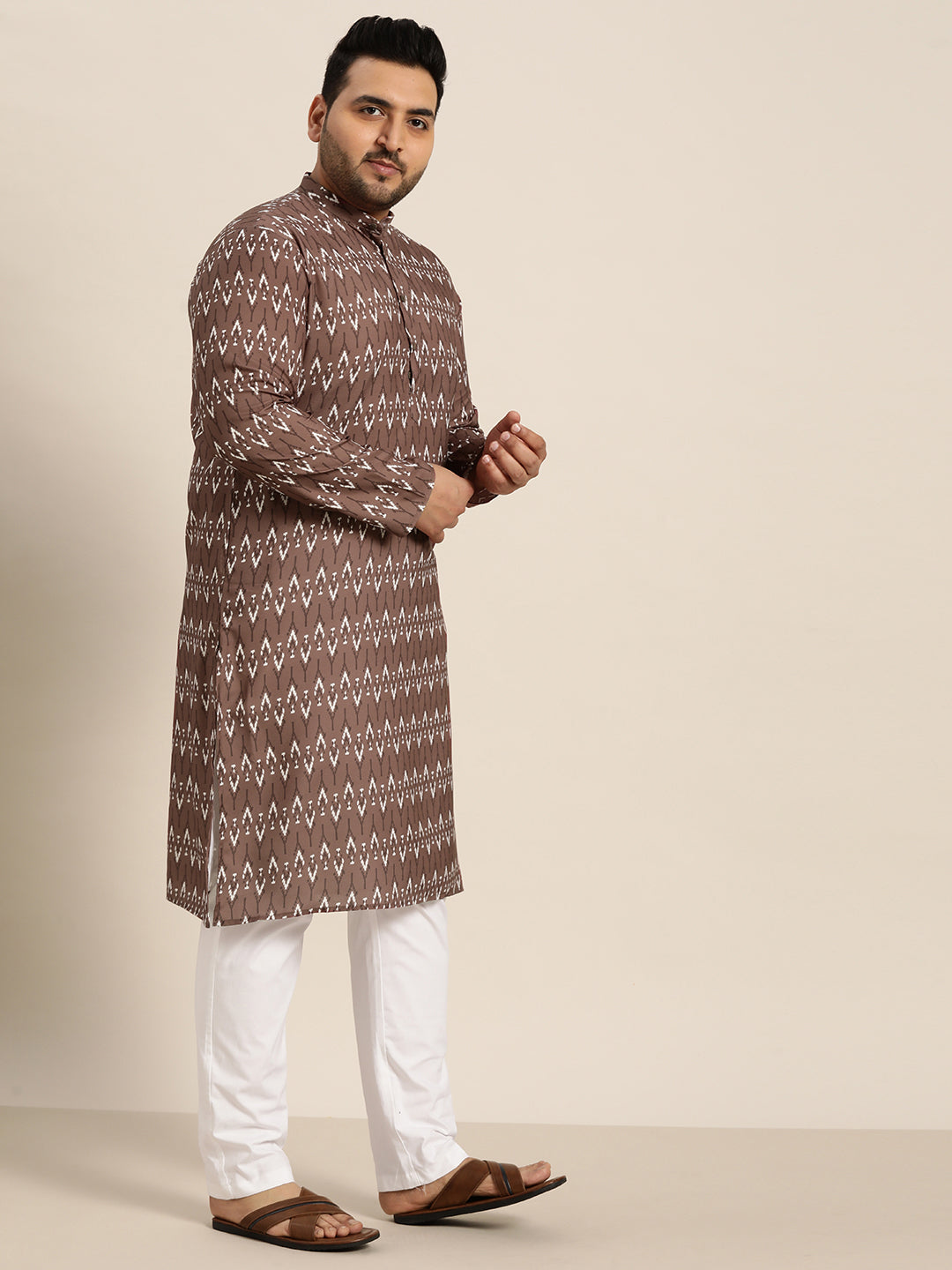 Men's Cotton Brown and Cream Printed Only Long Kurta