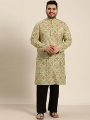 Men's Cotton Linen Pista Green and Multi Printed Only Long Kurta