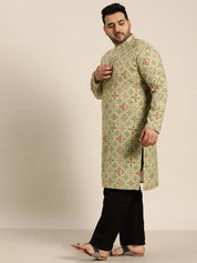 Men's Cotton Linen Pista Green and Multi Printed Only Long Kurta