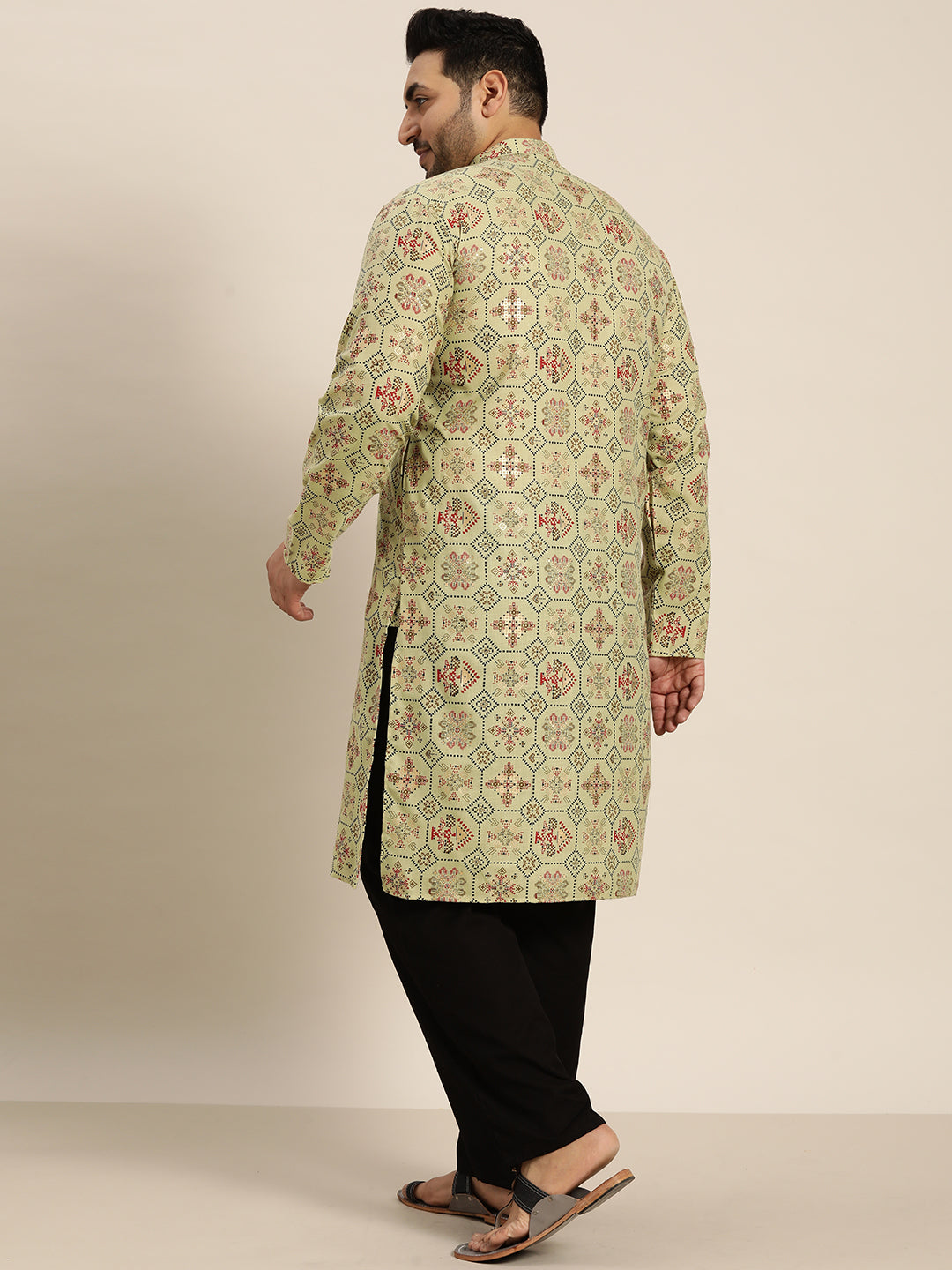 Men's Cotton Linen Pista Green and Multi Printed Only Long Kurta