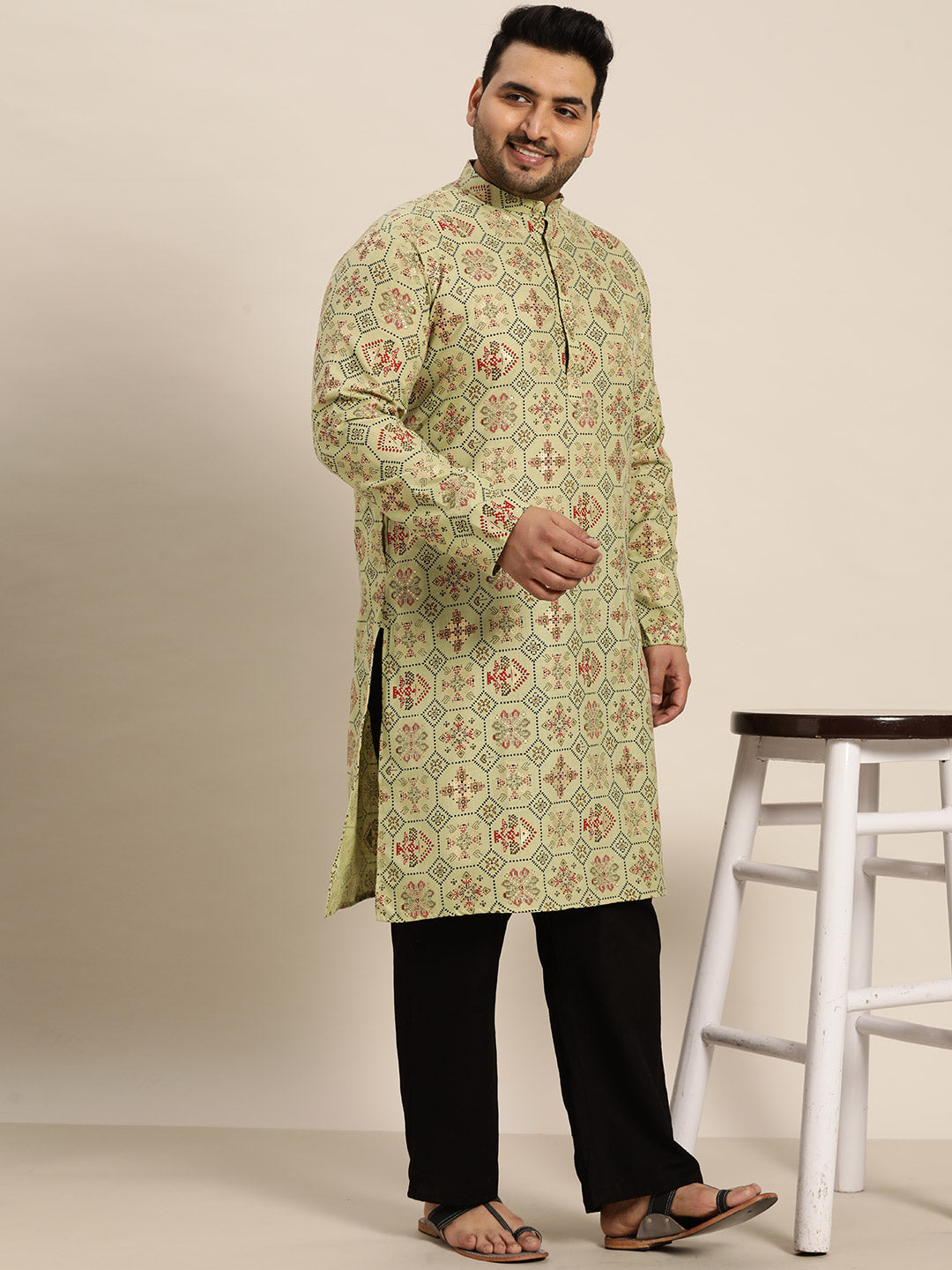 Men's Cotton Linen Pista Green and Multi Printed Only Long Kurta