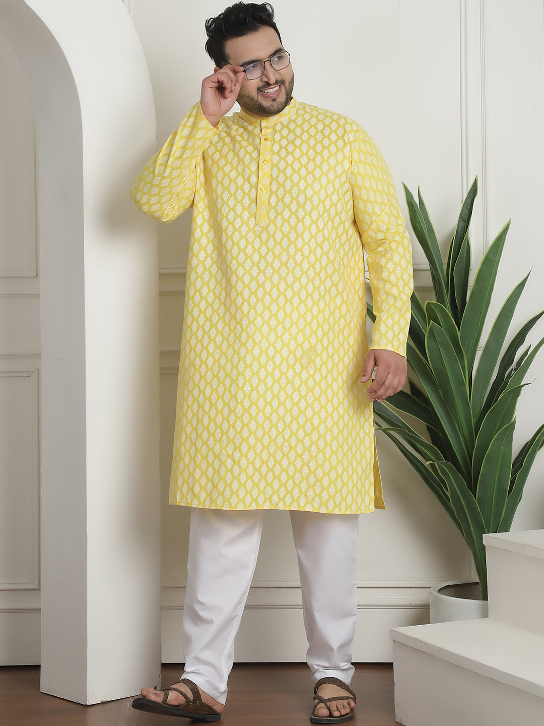 Men's Cotton Blend Printed Yellow Pyjama