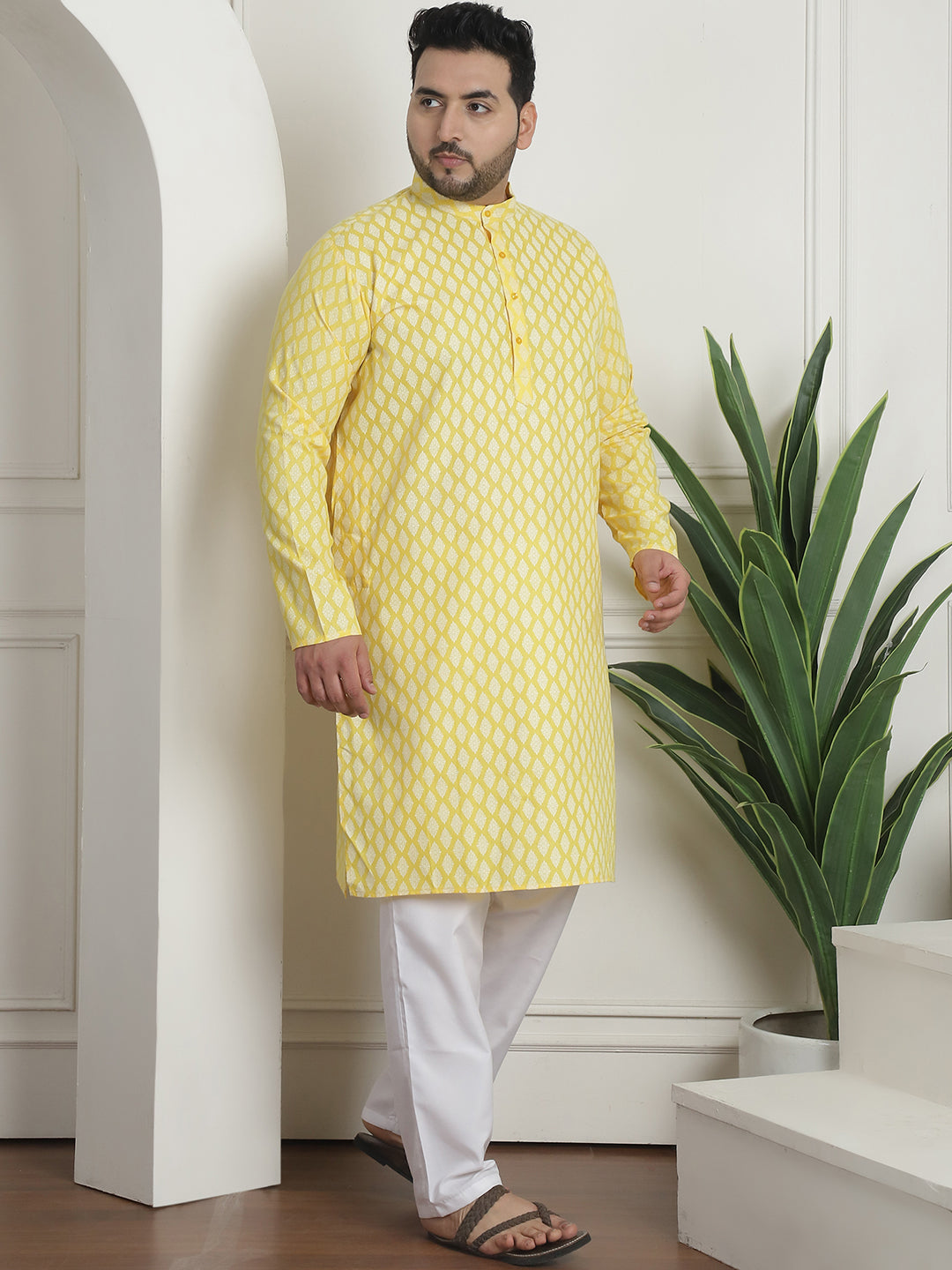 Men's Cotton Blend Printed Yellow Pyjama