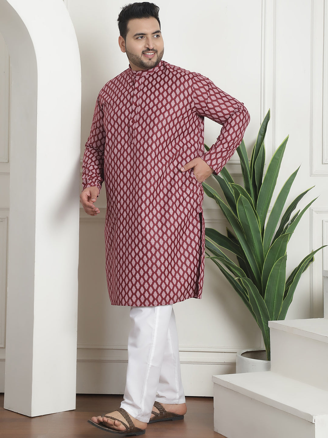 Men's Cotton Blend Printed Maroon Pyjama