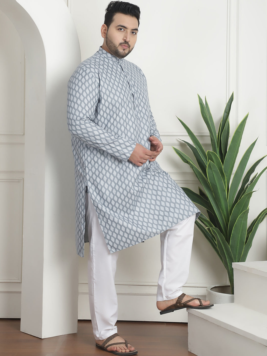 Men's Cotton Blend Printed Grey Pyjama