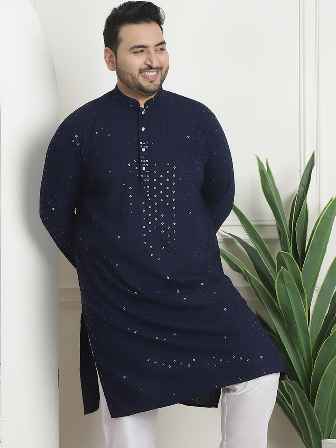 Men's Cotton Sequinned Embroidered Navy Blue