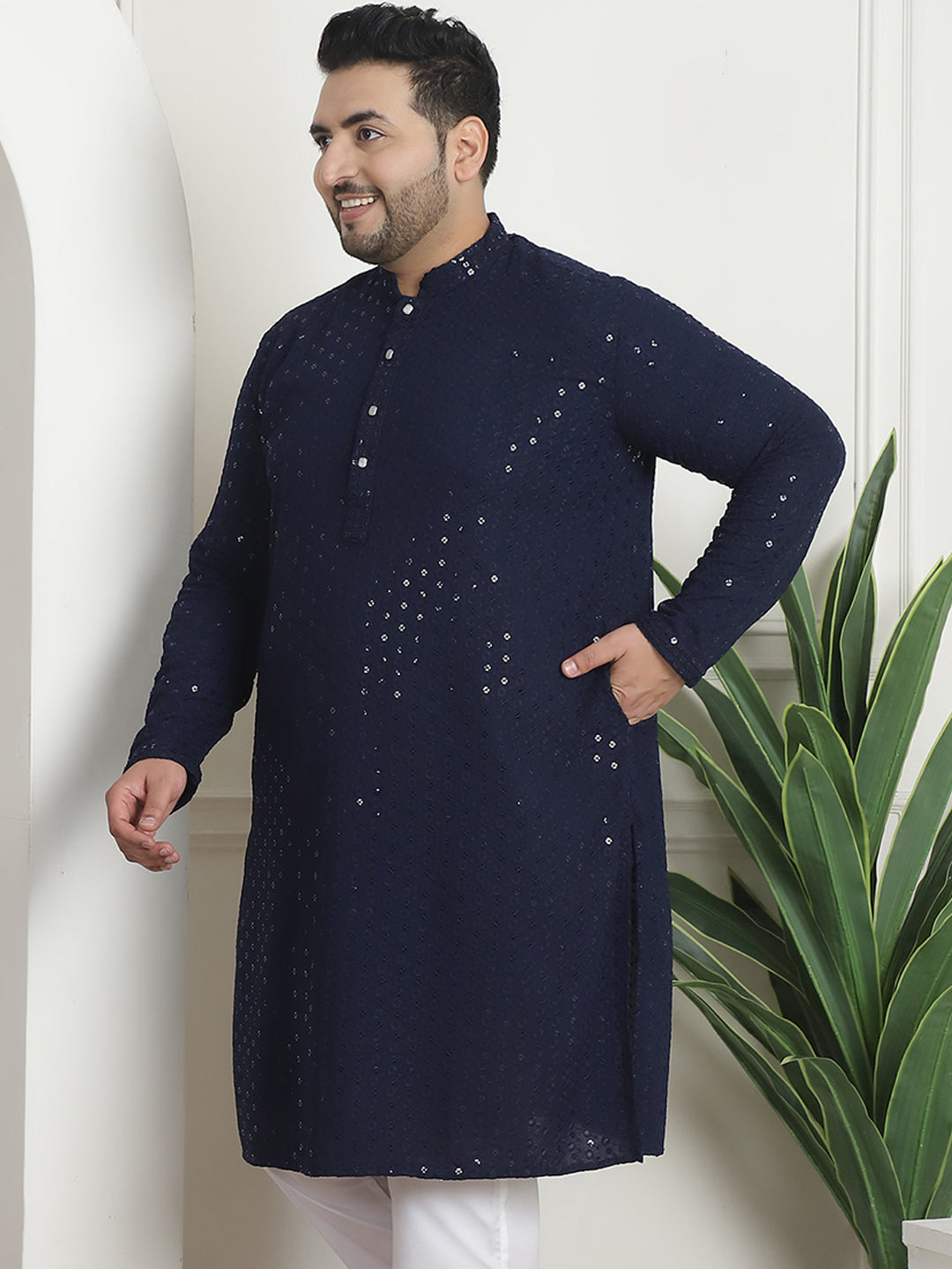 Men's Cotton Sequinned Embroidered Navy Blue