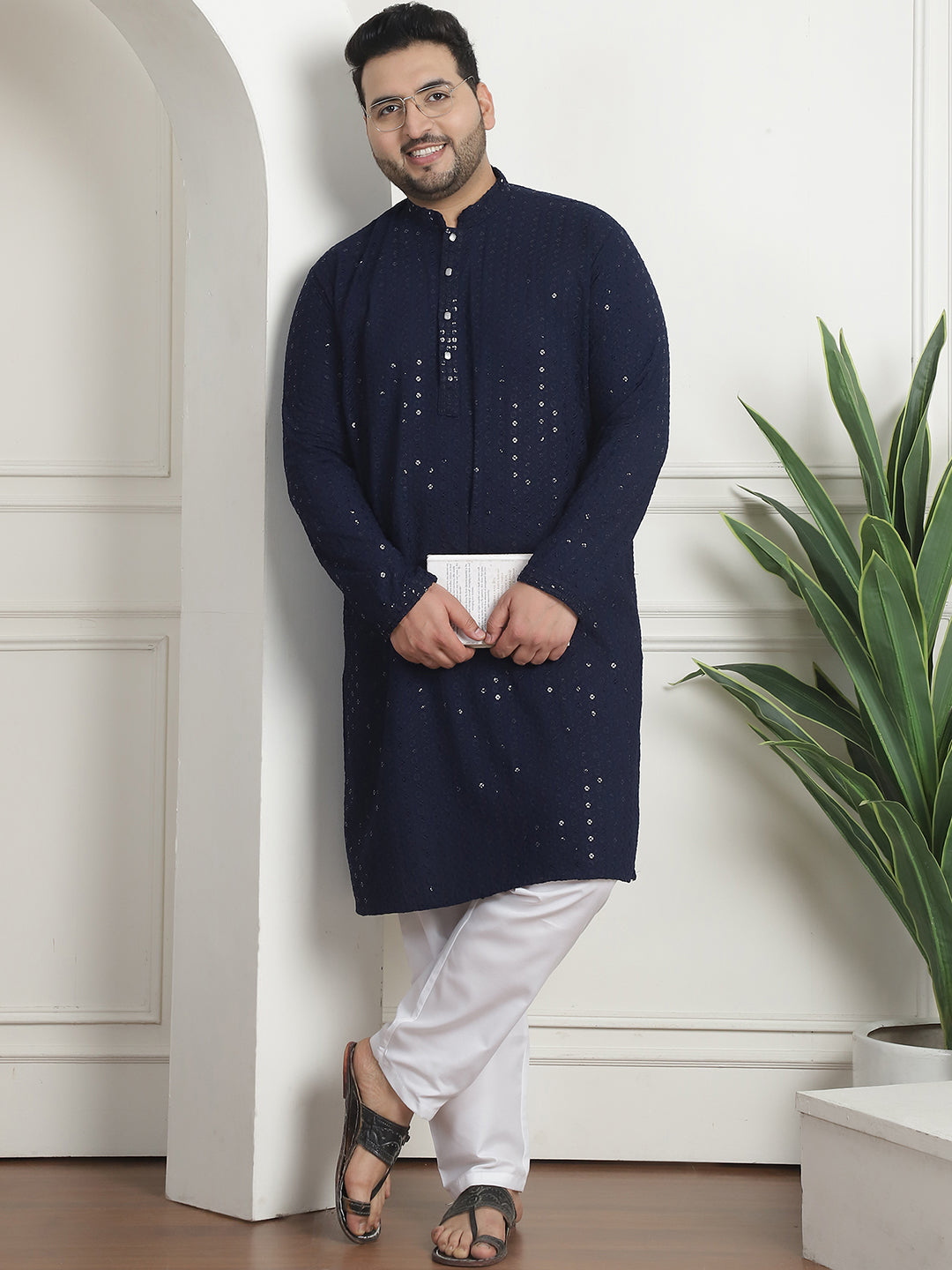 Men's Cotton Sequins Embroidered Navy Pyjama