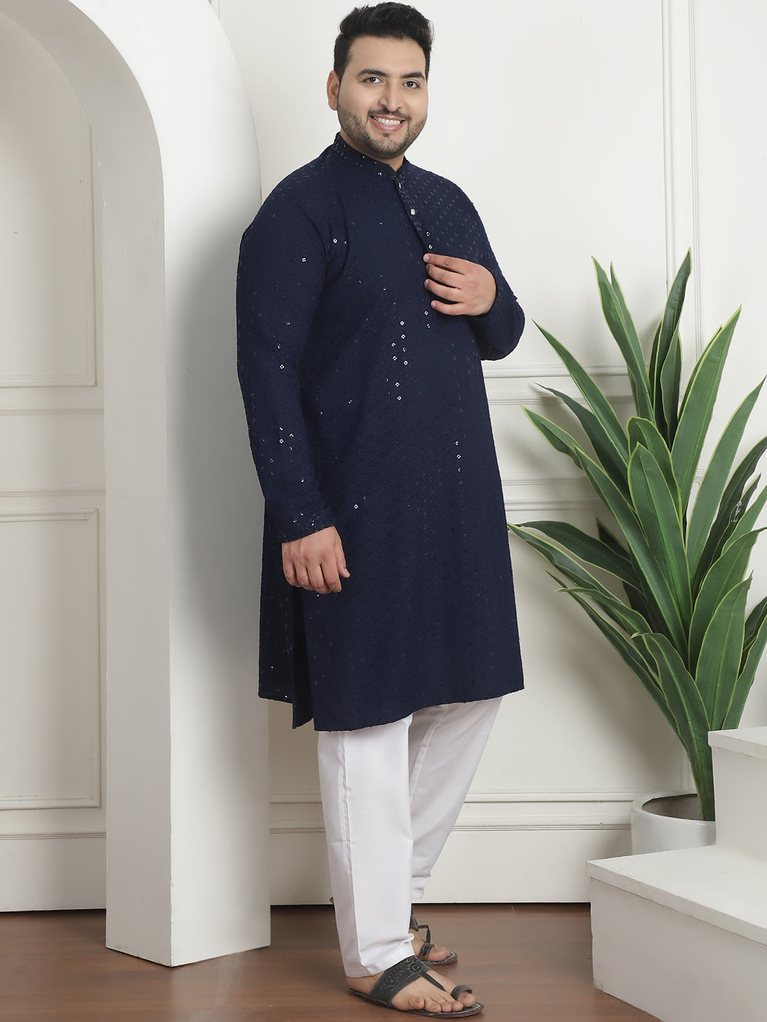 Men's Cotton Sequins Embroidered Navy Pyjama