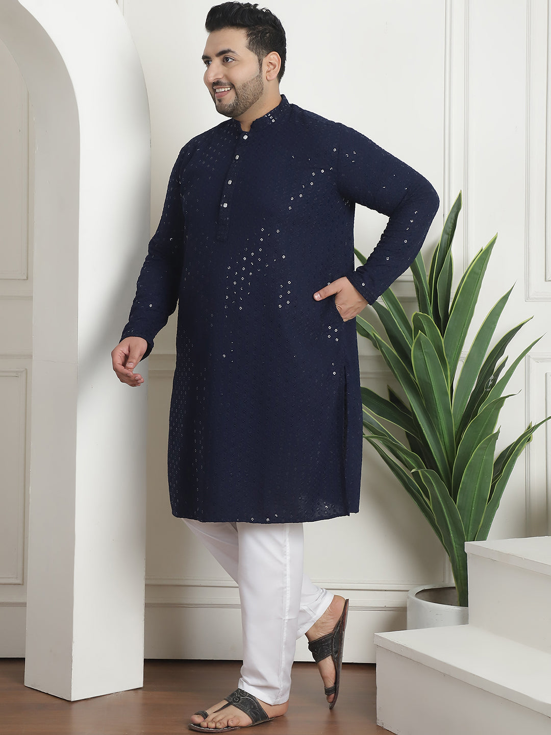 Men's Cotton Sequins Embroidered Navy Pyjama