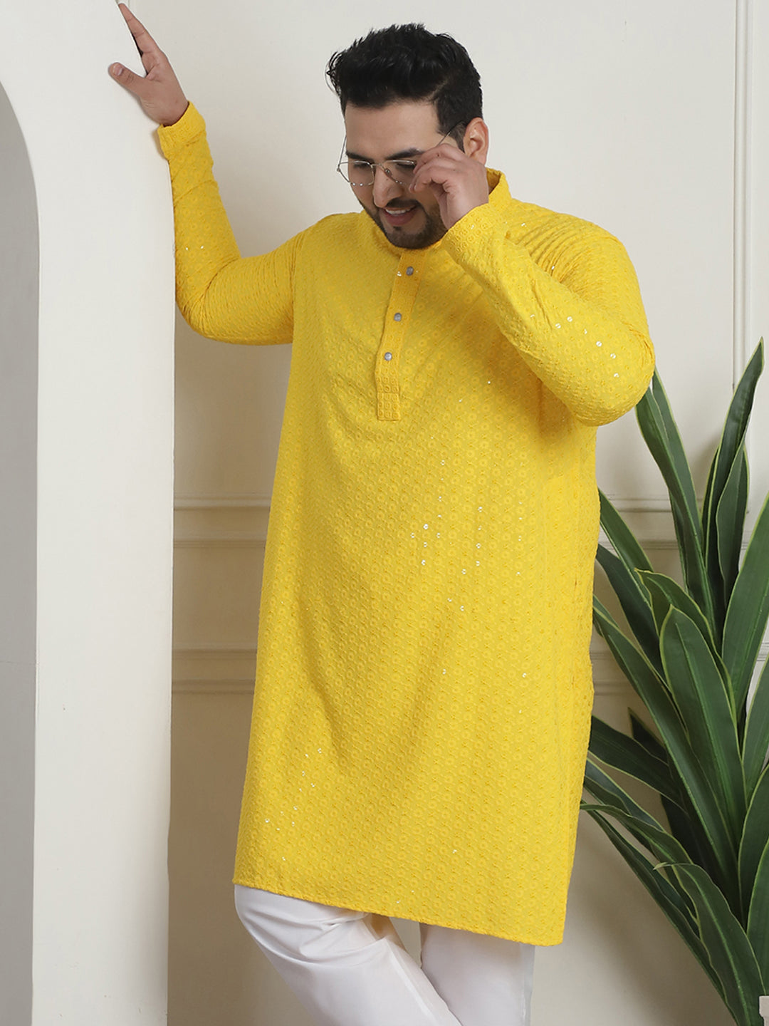 Men's Cotton Sequinned Embroidered Yellow