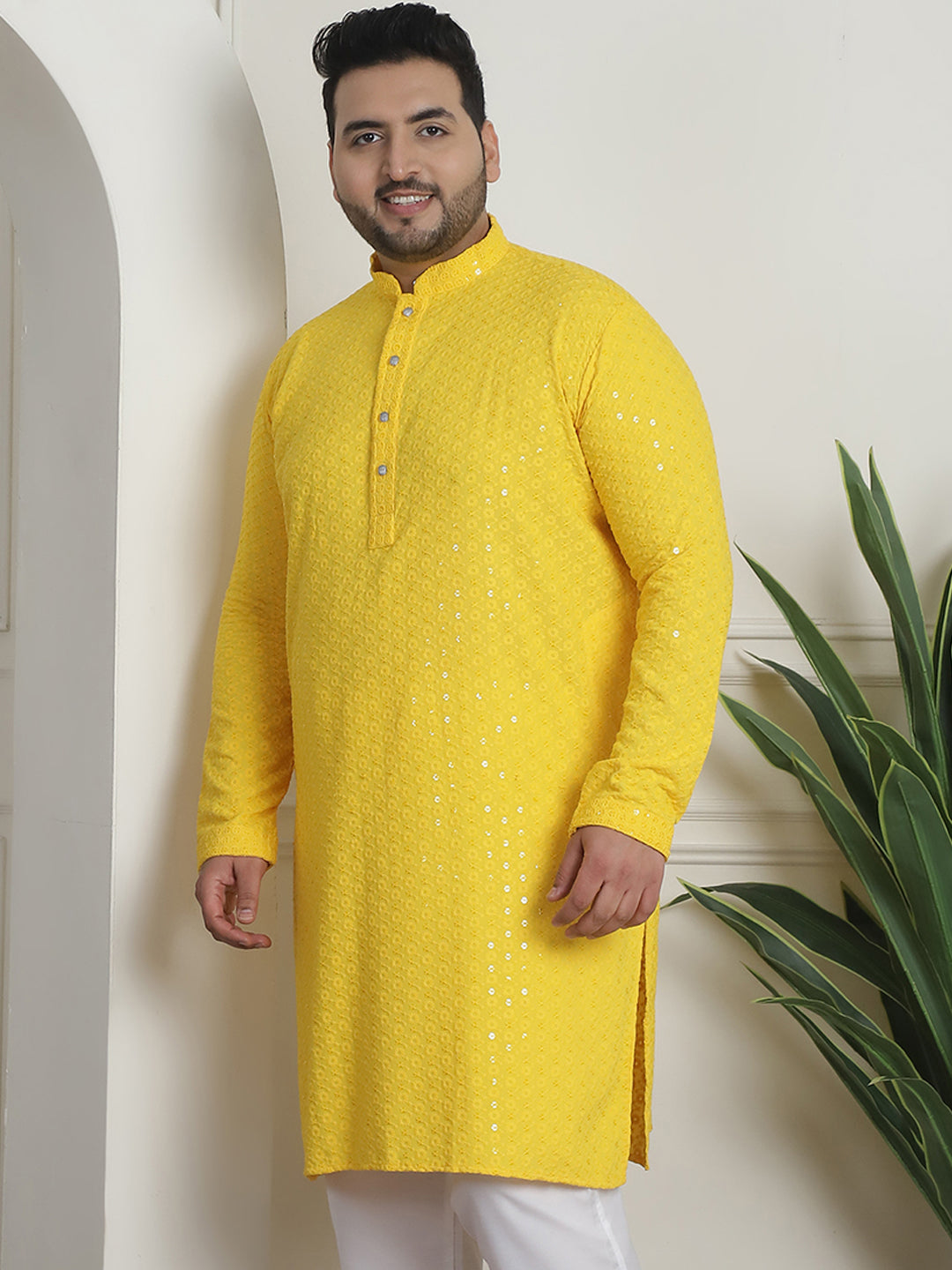 Men's Cotton Sequinned Embroidered Yellow