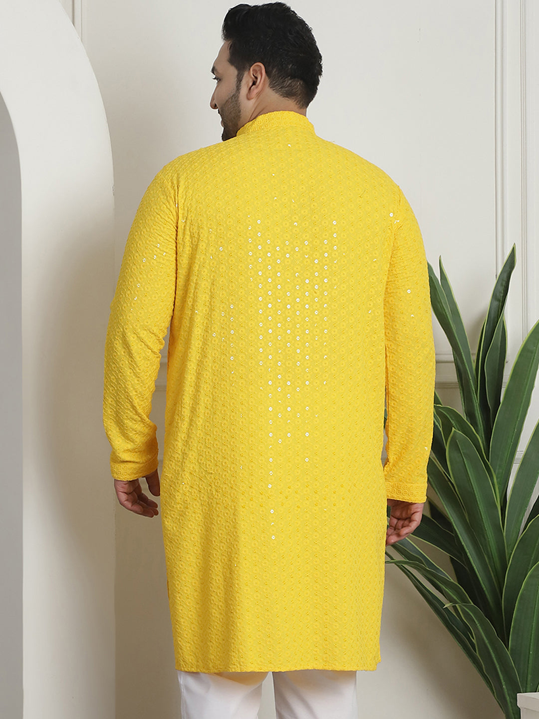 Men's Cotton Sequinned Embroidered Yellow