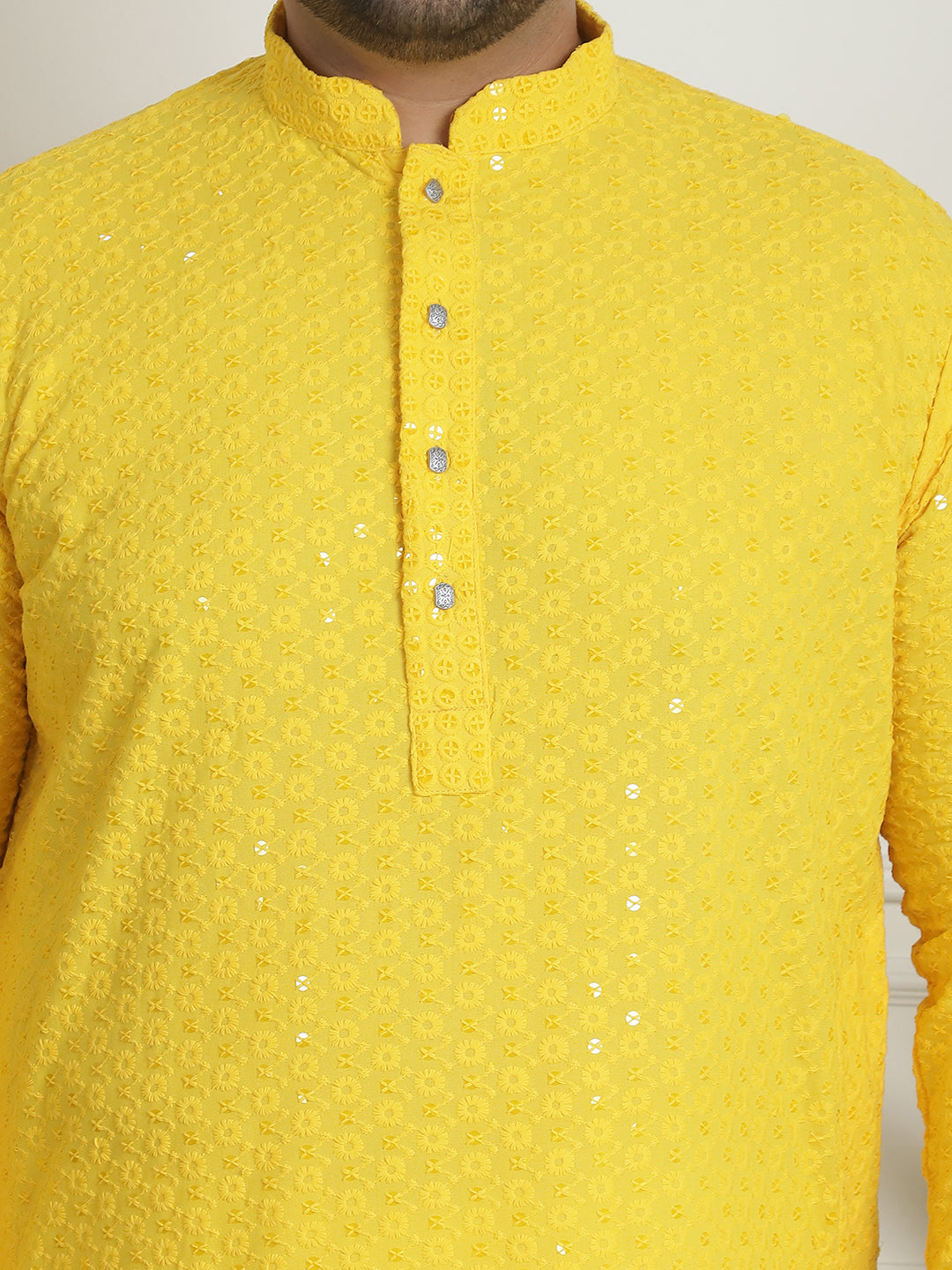 Men's Cotton Sequinned Embroidered Yellow