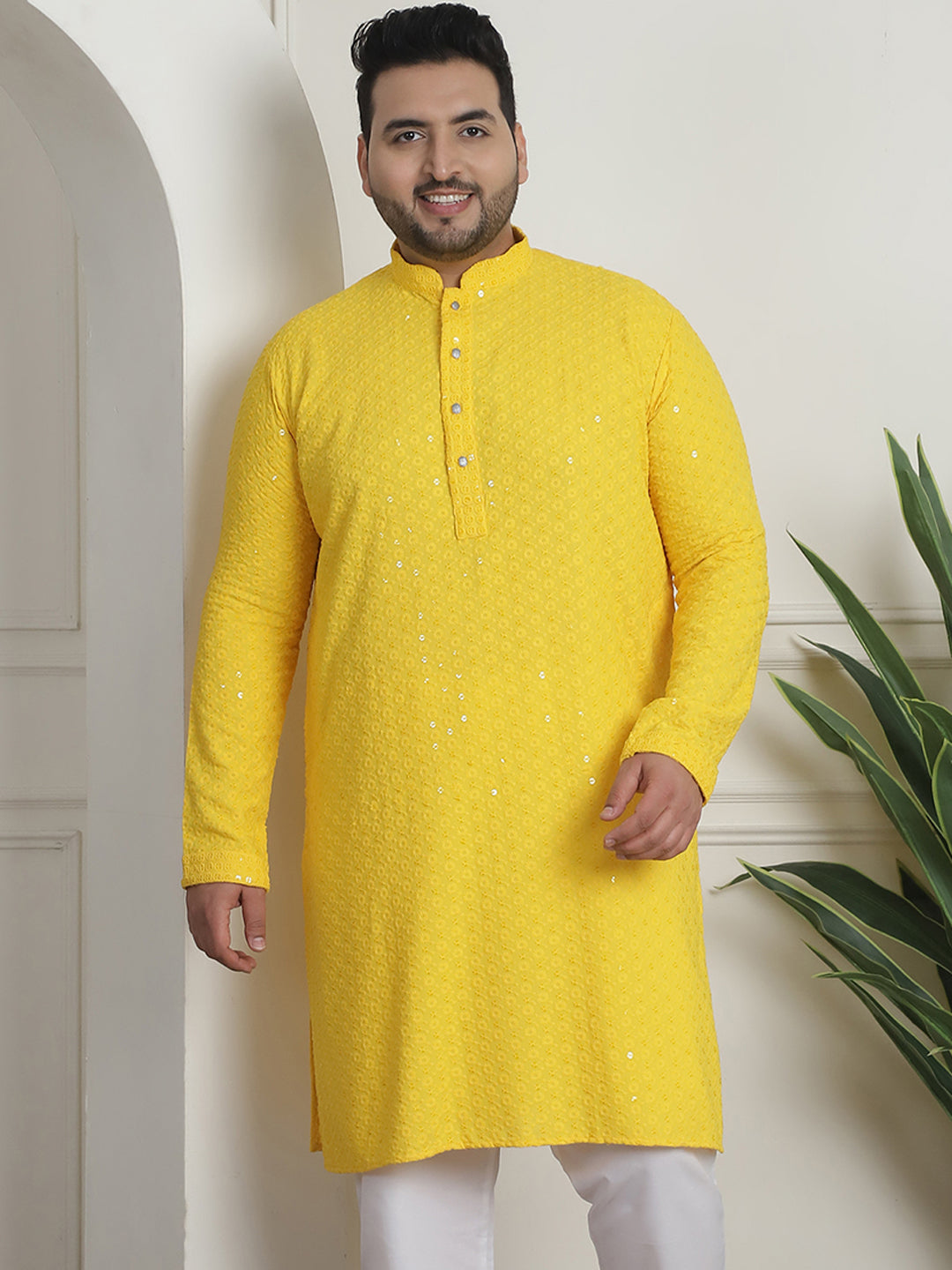 Men's Cotton Sequinned Embroidered Yellow