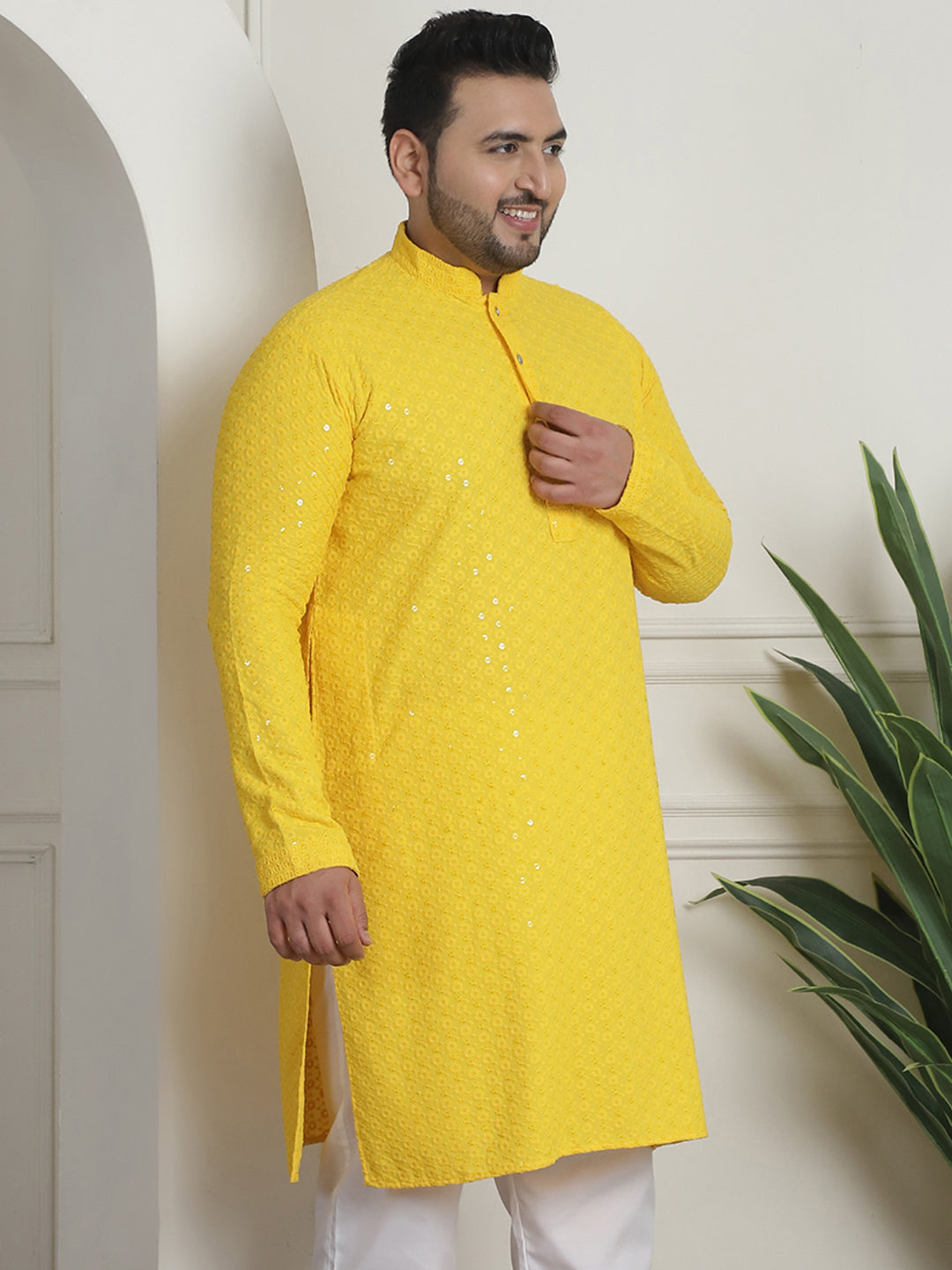 Men's Cotton Sequinned Embroidered Yellow