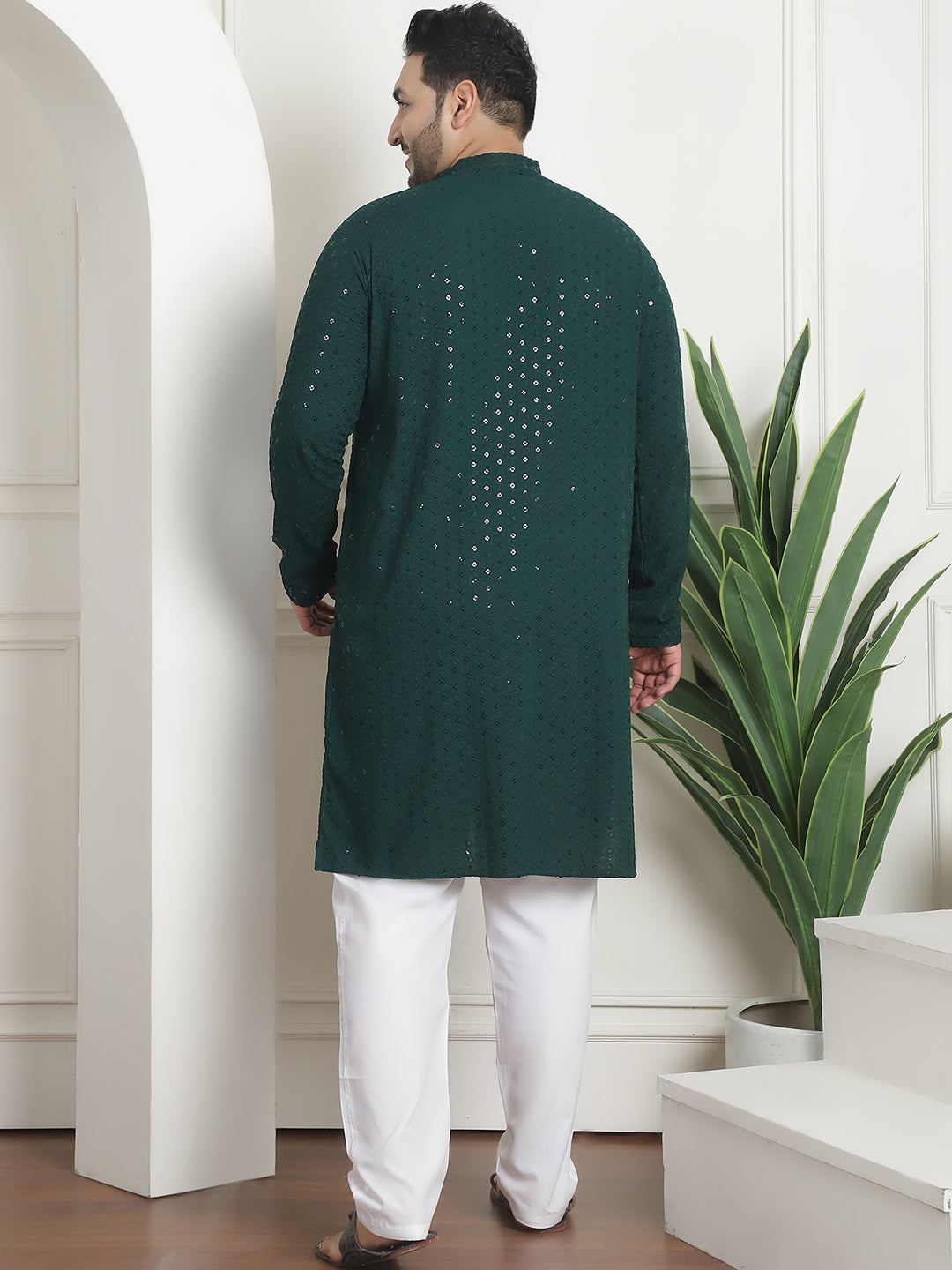 Men's Cotton Sequins Embroidered Green Pyjama