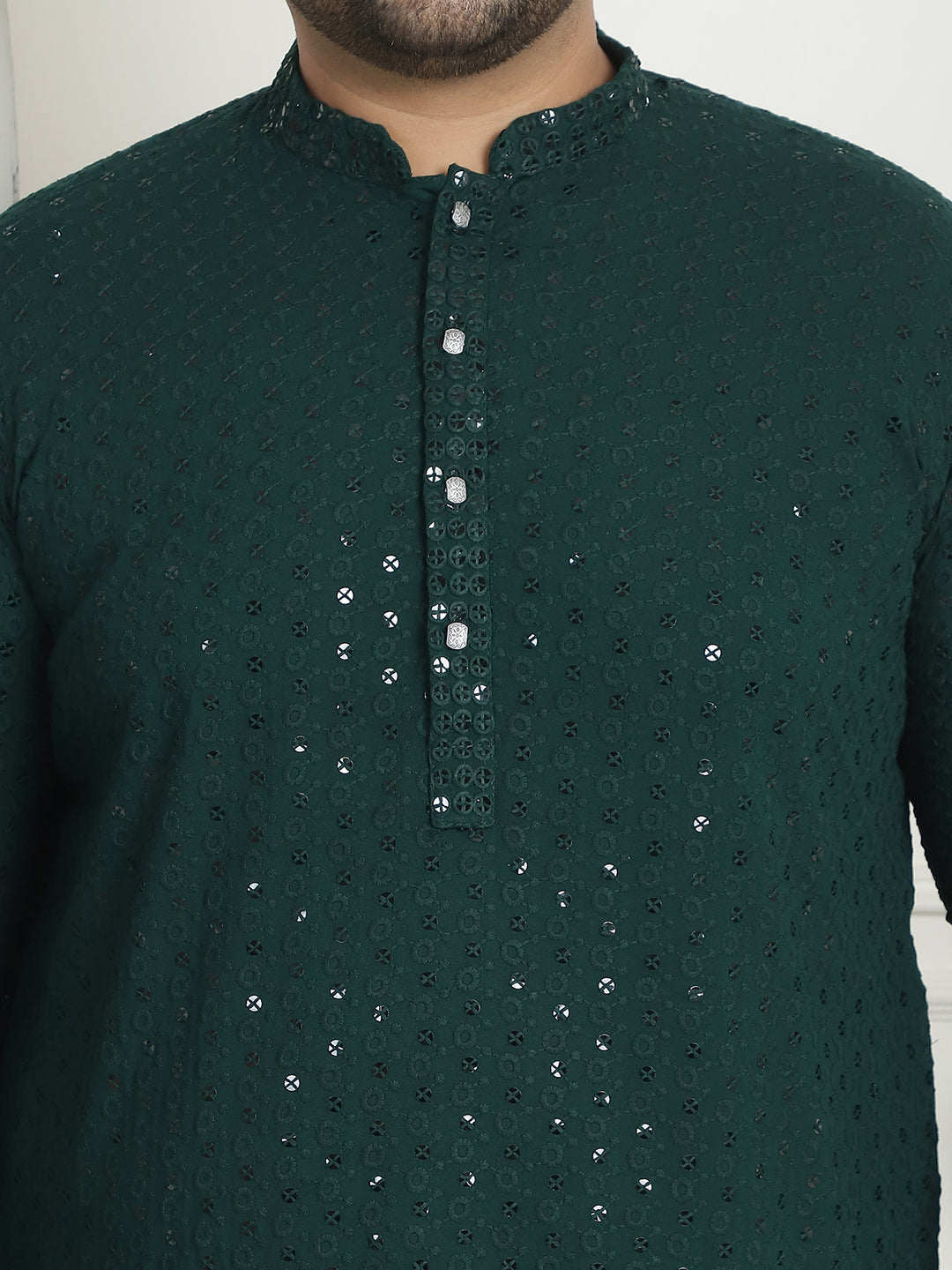 Men's Cotton Sequins Embroidered Green Pyjama