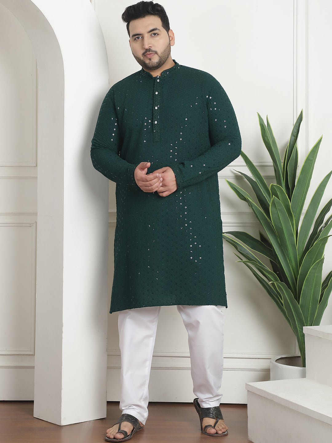 Men's Cotton Sequins Embroidered Green Pyjama