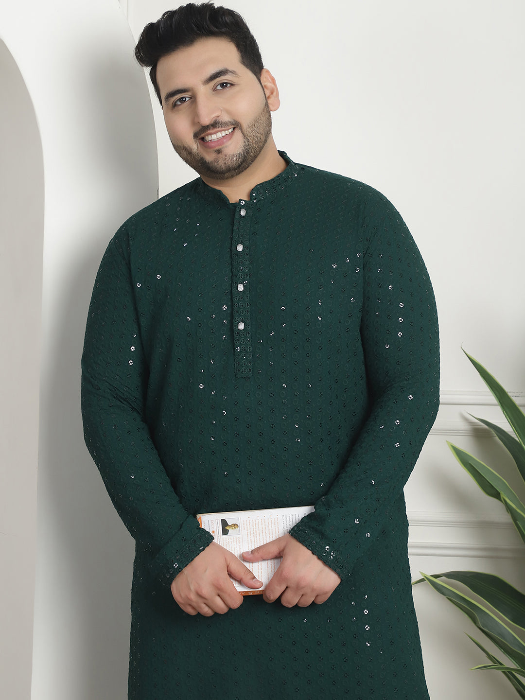 Men's Cotton Sequins Embroidered Green Pyjama