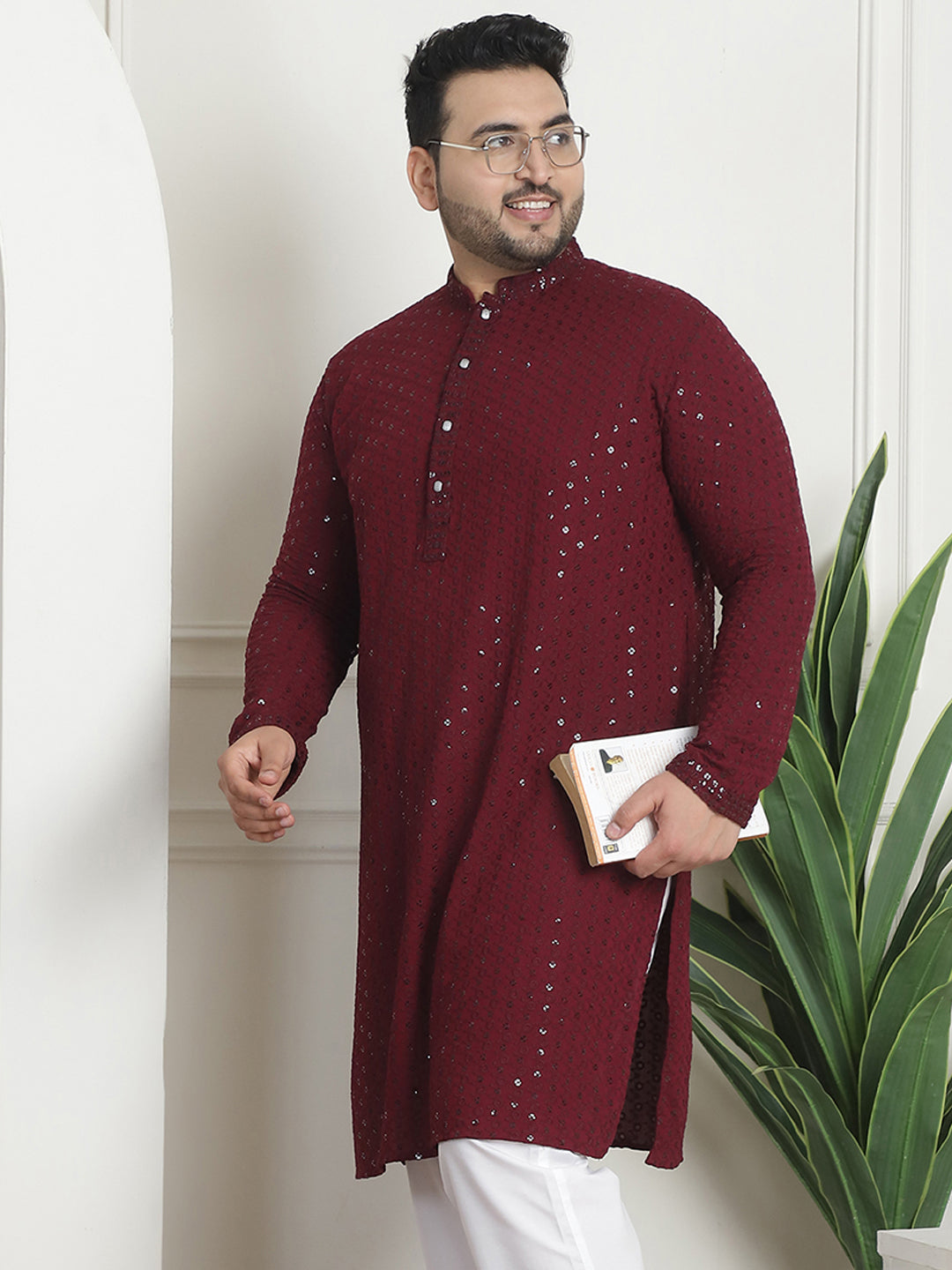 Men's Cotton Sequinned Embroidered Wine