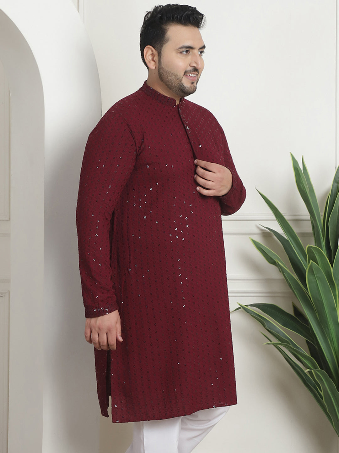 Men's Cotton Sequinned Embroidered Wine