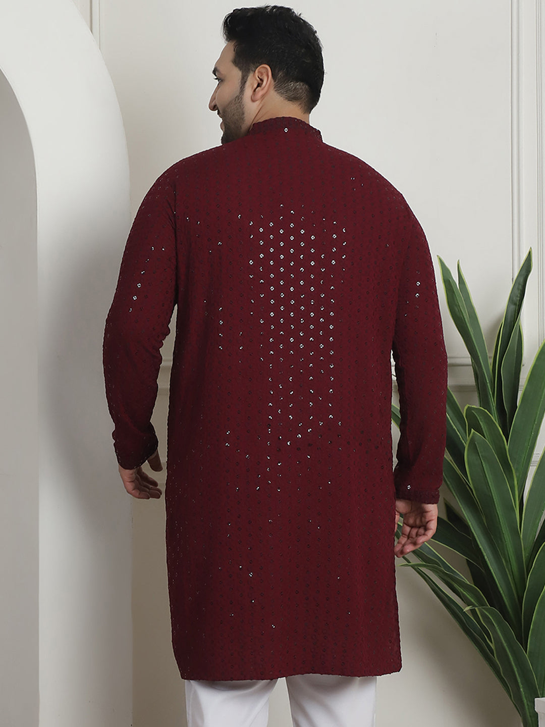 Men's Cotton Sequinned Embroidered Wine