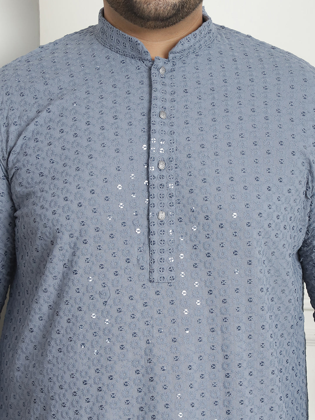Men's Cotton Sequinned Embroidered Grey