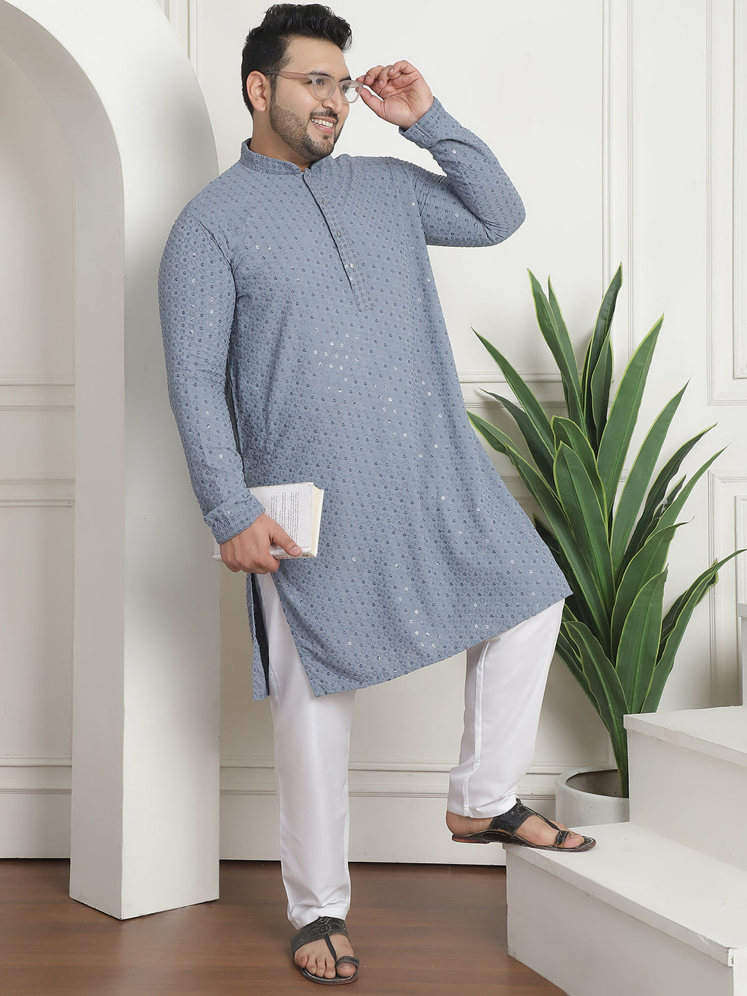 Men's Cotton Sequins Embroidered Grey Pyjama