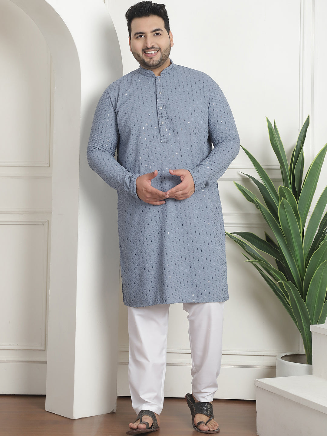 Men's Cotton Sequins Embroidered Grey Pyjama