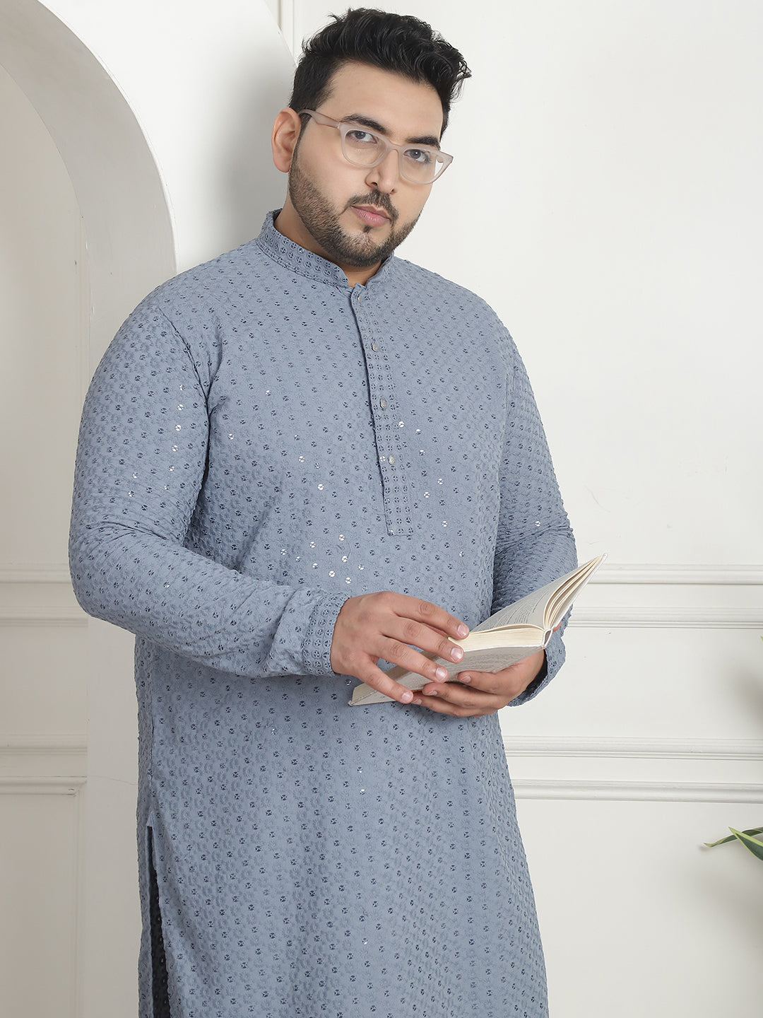 Men's Cotton Sequins Embroidered Grey Pyjama