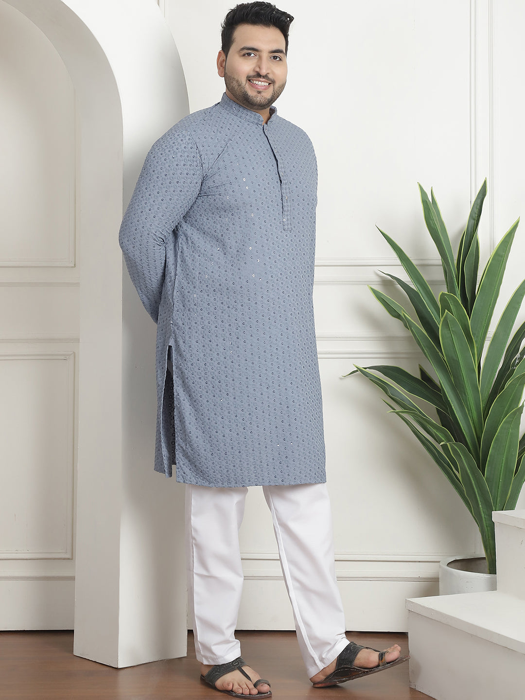 Men's Cotton Sequins Embroidered Grey Pyjama