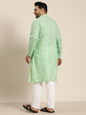 Men's Cotton Blend Pista Green Printed Only Long Kurta