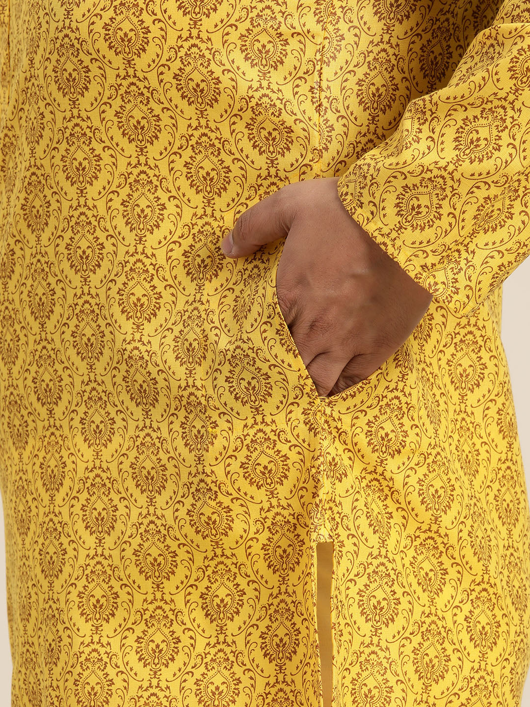 Men's Cotton Blend Mustard Printed Only Long Kurta