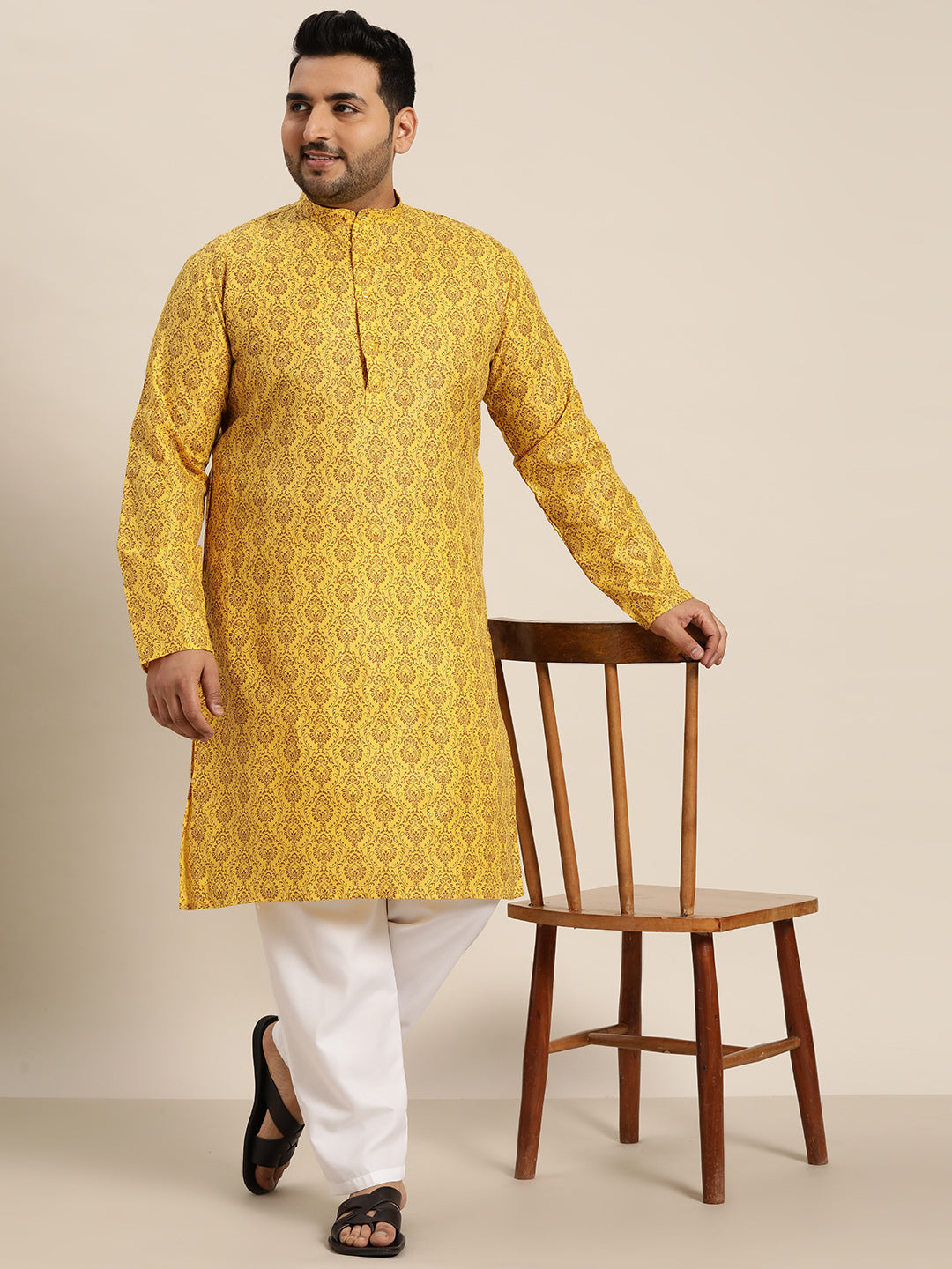 Men's Cotton Blend Mustard Printed Only Long Kurta