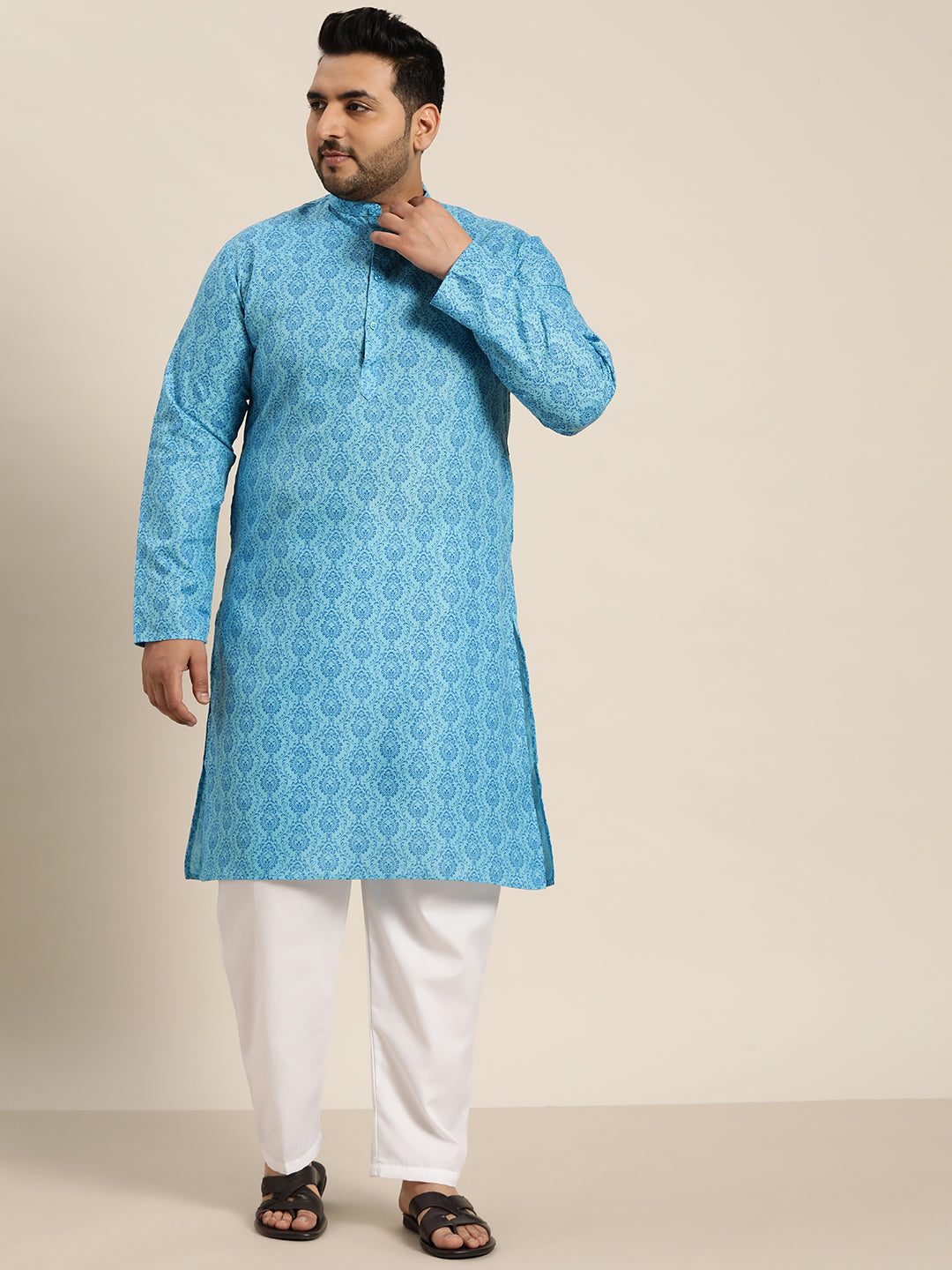 Men's Cotton Blend Blue  Printed Only Long Kurta