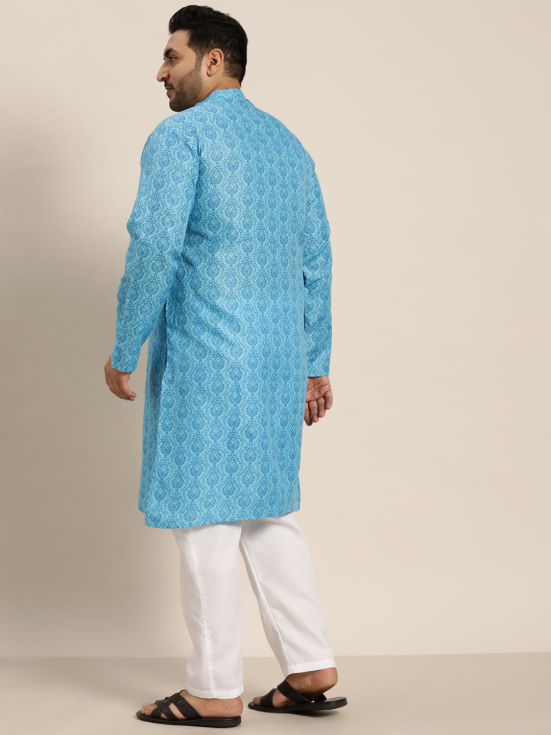 Men's Cotton Blend Blue  Printed Only Long Kurta