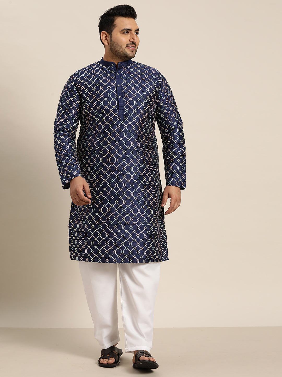 Men's Navy Blue Silk Blend Long Kurta With Multi Color Embroidery