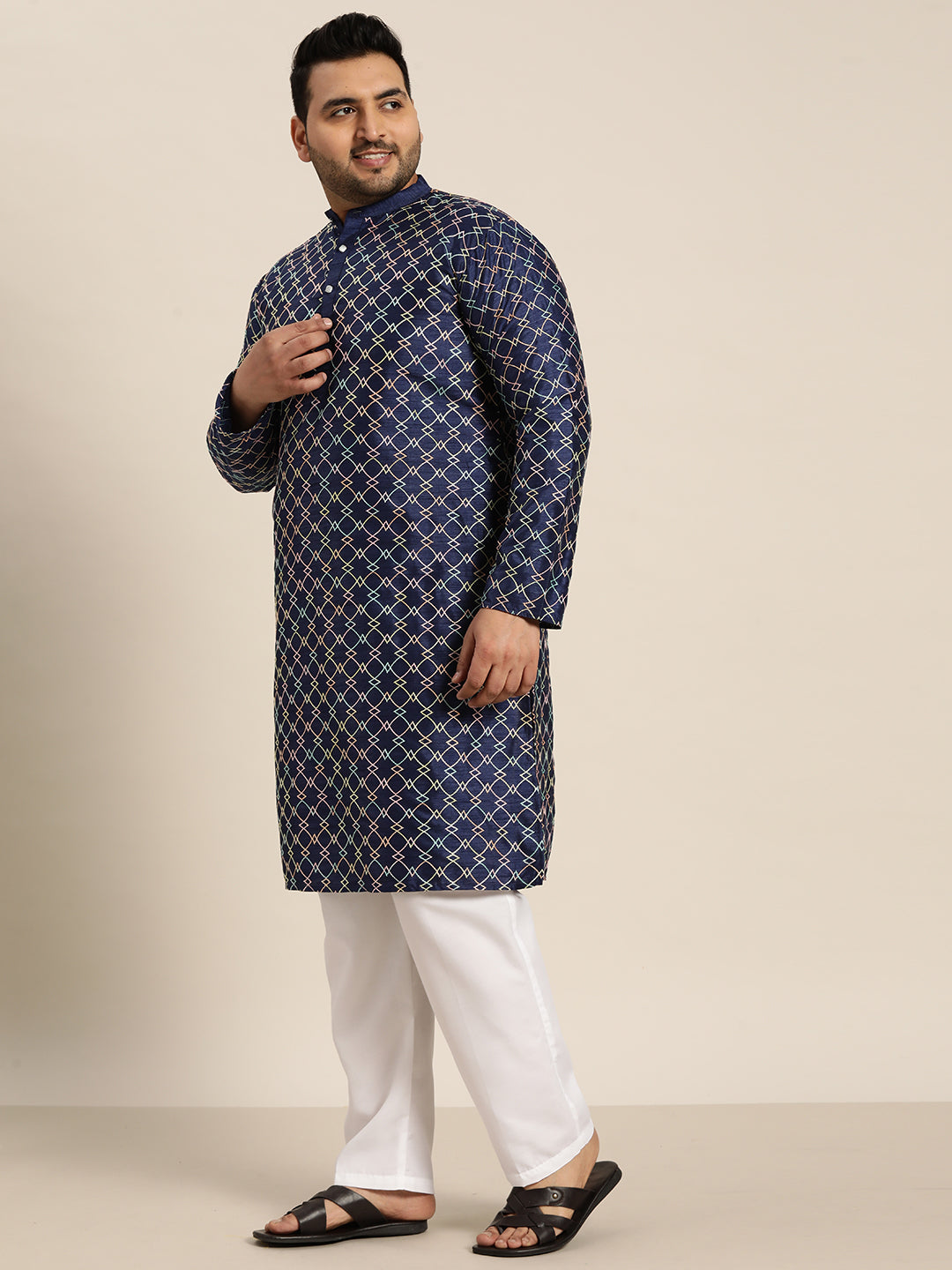 Men's Navy Blue Silk Blend Long Kurta With Multi Color Embroidery