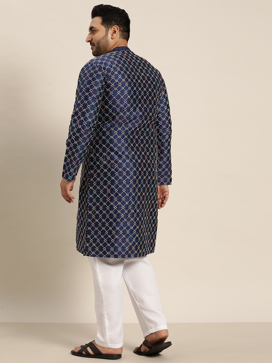 Men's Navy Blue Silk Blend Long Kurta With Multi Color Embroidery